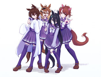 4girls absurdres agnes_tachyon_(umamusume) ahoge animal_ears bow brown_eyes brown_hair brown_shoes coat commentary_request dantsu_flame_(umamusume) hair_between_eyes highres horse_ears horse_girl horse_tail jungle_pocket_(umamusume) lab_coat loafers long_hair manhattan_cafe_(umamusume) mentai0127 multiple_girls notched_ear open_mouth pale_skin pleated_skirt purple_shirt purple_skirt purple_thighhighs school_uniform shirt shoes skirt sleeves_past_fingers sleeves_past_wrists smile tail thighhighs umamusume umamusume:_beginning_of_a_new_era v white_bow white_coat