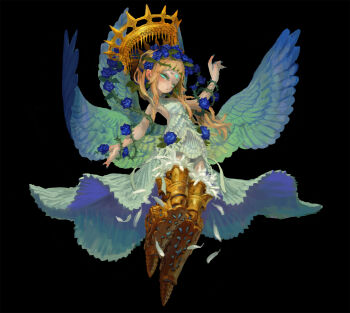 1girl angel angel_wings aqua_eyes armored_boots black_background blonde_hair blue_flower blue_rose blush boots dress feathered_wings feathers flat_chest flower full_body hair_flower hair_ornament halo highres jonpei long_hair looking_at_viewer original parted_lips plant rose solo thorns vines wavy_hair white_dress wings