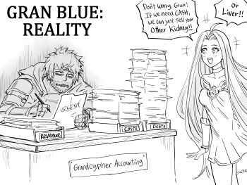 1boy 1girl absurdres ahoge bb_(baalbuddy) brand_name_imitation breasts commentary debt english_commentary english_text gran_(granblue_fantasy) granblue_fantasy greyscale highres holding holding_pen hunched_over long_hair lyria_(granblue_fantasy) monochrome open_mouth paper paper_stack paperwork pen sad_smile sign small_breasts speech_bubble table