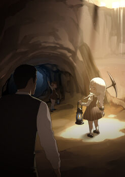 1boy 2girls arm_up black_footwear black_hair black_vest blvefo9 braid brown_dress brown_hair cave_interior commentary_request day dress dwarf hair_between_eyes hair_ornament holding juliet_sleeves kneehighs lantern long_hair long_sleeves multiple_girls original pickaxe puffy_sleeves red_eyes shirt shoes sleeveless sleeveless_dress socks striped_clothes striped_dress sunlight vertical-striped_clothes vertical-striped_dress very_long_hair vest white_hair white_legwear white_shirt