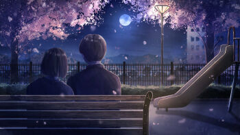 Rule 34 | 1boy, 1girl, amenomori howa, bench, black hair, black jacket, blazer, building, bush, cherry blossoms, commentary request, falling petals, fence, from behind, full moon, highres, jacket, lamppost, moon, night, night sky, on bench, original, outdoors, park, park bench, petals, scenery, school uniform, short hair, sitting, sky, slide, tree, very short hair, wide shot