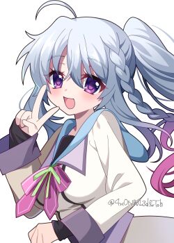 1girl 4rion 9-nine- :d absurdres ahoge black_shirt blush bow bowtie braid breasts commentary dress eyelashes eyes_visible_through_hair floating_hair gradient_hair green_ribbon grey_hair hair_between_eyes hakusen_academy_school_uniform hand_up happy highres long_hair long_sleeves looking_at_viewer medium_breasts multicolored_hair niimi_sora open_mouth pink_bow pink_bowtie pink_hair purple_eyes ribbon school_uniform shirt side_ponytail sidelocks simple_background single_braid sleeves_past_wrists smile solo twitter_username upper_body v white_background white_dress wide_sleeves