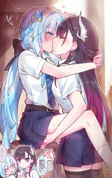 2girls ^^^ absurdres alternate_costume black_bow blue_eyes blue_hair blue_necktie blue_skirt blush bow braid brown_hair brown_thighhighs cerydra_(honkai:_star_rail) chibi closed_eyes collared_shirt commentary_request desk diagonal-striped_clothes diagonal-striped_necktie flying_sweatdrops french_kiss gradient_hair hair_bow hair_intakes highres honkai:_star_rail honkai_(series) hysilens_(honkai:_star_rail) indoors kiss long_hair motion_lines multicolored_hair multiple_girls necktie notice_lines on_desk parted_lips pleated_skirt purple_hair school_desk school_uniform shirt short_sleeves sitting skirt socks sorimachi-doufu standing striped_clothes thighhighs translation_request very_long_hair white_shirt white_socks yuri