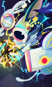 blue_skin checkered_floor colored_skin eel eelektross electricity fangs fins fish gen_5_pokemon glowing highres lamprey mega_eelektross mega_pokemon nintendo no_humans open_mouth pokemon pokemon_(creature) powering_up purple_eyes qua zap_cannon_(pokemon)