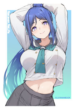 1girl absurdres arms_up blue_eyes breasts closed_mouth commentary_request gengoroh gradient_background highres large_breasts long_hair long_sleeves looking_at_viewer love_live! love_live!_sunshine!! matsuura_kanan midriff navel ponytail purple_eyes shirt solo white_shirt