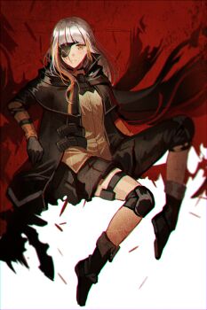 Rule 34 | 1girl, black shoes, black skirt, blue sky, girls' frontline, long hair, m16a1 (boss) (girls' frontline), m16a1 (girls' frontline), mountain, multicolored hair, shoes, silence girl, simple background, sitting, skirt, sky, solo, yellow eyes