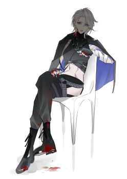 1girl absurdres arm_tattoo asymmetrical_bangs belt belt_buckle black_belt black_boots black_gloves black_jacket black_pants blazer blood blood_in_hair blood_on_clothes blood_on_face blood_on_hands boots buckle chair closed_mouth commentary_request crossed_legs expressionless fingerless_gloves full_body gloves grey_lips highres jacket jacket_on_shoulders lace-up_boots light_frown lipstick makeup midriff multiple_belts navel o-ring o-ring_belt on_chair pale_skin pants path_to_nowhere purple_eyes purple_jacket shadow short_hair side_slit simple_background sitting solo stomach_tattoo tattoo toho10min two-sided_fabric two-sided_jacket white_background white_hair zoya_(path_to_nowhere)