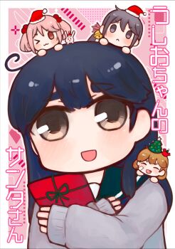 :3 akebono_(kancolle) bandaid bandaid_on_face bell black_hair blue_sailor_collar chibi crab fuzino gift grey_jacket hat jacket jingle_bell kantai_collection long_hair oboro_(kancolle) one_eye_closed sailor_collar santa_hat sazanami_(kancolle) school_uniform serafuku side_ponytail smile solo_focus twintails ushio_(autumn_2015)_(kancolle) ushio_(kancolle)