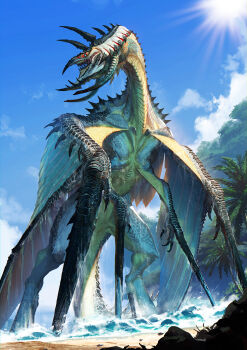 absurdres beach blue_sky cloud cloudy_sky commentary_request day highres monster monster_focus no_humans ocean original outdoors palm_tree sand sky tree yaziri