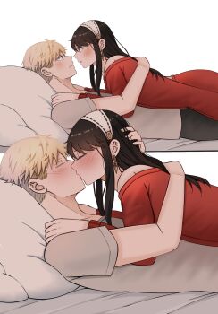 1boy 1girl black_pants blonde_hair blush botchinako closed_eyes couple dress earrings girl_on_top gold_earrings grey_shirt hair_between_eyes hairband hand_in_another&#039;s_hair hetero highres jewelry kiss long_hair looking_at_another off-shoulder_dress off_shoulder on_bed pants parted_lips pillow red_dress shirt short_hair sidelocks spy_x_family sweater sweater_dress t-shirt twilight_(spy_x_family) white_background white_hairband yor_briar