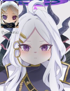 1girl :t ahoge belt black_coat blue_archive character_doll chibi coat coat_on_shoulders commentary_request demon_girl demon_horns doll forehead fur-trimmed_coat fur_trim hair_ornament hair_ribbon hairclip half_updo halo highres hina_(blue_archive) horns long_hair long_sleeves looking_at_viewer military_uniform open_clothes open_coat parted_bangs portrait pout purple_eyes purple_halo ribbon sam_browne_belt sidelocks simple_background solo uttsu_(yumaviviane) wavy_hair white_background white_hair zoom_layer