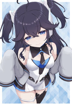 Rule 34 | 1girl, absurdres, ahoge, bare shoulders, black hair, black necktie, black thighhighs, blue eyes, breasts, closed mouth, commentary request, dress, grey jacket, hair between eyes, hands up, headgear, highres, izumo kasumi (nijisanji), jacket, long hair, long sleeves, mole, mole under mouth, necktie, nijisanji, off shoulder, open clothes, open jacket, puffy long sleeves, puffy sleeves, short necktie, single thighhigh, sleeveless, sleeveless dress, sleeves past fingers, sleeves past wrists, small breasts, smile, solo, temari rin, thighhighs, two side up, very long hair, virtual youtuber, white dress