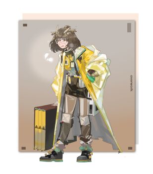 1girl aqua_gloves arknights belt_pouch black_shoes black_shorts blush briefcase brown_hair coat english_text feather_hair full_body gloves grey_shirt hair_bun hand_on_own_hip hazmat_suit heavy_breathing high_collar highres holding holding_briefcase i_sleepingnow id_card lanyard leaning_forward long_sleeves looking_at_viewer official_alternate_costume open_clothes open_coat open_mouth outside_border pants pouch rhine_lab_logo see-through_clothes see-through_pants shirt shoes shorts sideways_glance silence_(arknights) silence_(lacquer)_(arknights) solo standing sweat test_tube wide_sleeves yellow_coat