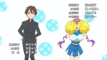 1boy 1girl aida_taketo animated animated_gif anime_screenshot armpits arms_up bare_legs bouncing_breasts breasts brown_hair cheerleader dancing dragon_girl dragon_horns gradient_hair hands_on_own_hips happy horns huge_breasts ilulu_(maidragon) kobayashi-san_chi_no_maidragon looking_at_viewer matching_hair/eyes midriff multicolored_hair navel pom_pom_(cheerleading) purple_hair red_eyes red_hair school_uniform shirt skirt sleeveless sleeveless_shirt smile twintails