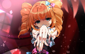 1girl absurdres alternate_costume bead_bracelet beads blue_eyes blue_nails bow bracelet dress drill_hair fingernails hair_bow highres idolmaster idolmaster_(classic) idolmaster_million_live! idolmaster_million_live!_theater_days jewelry looking_at_viewer mou_niu multicolored_nails nail_polish orange_hair outstretched_arms qute_x_qualm_(idolmaster) sleeveless sleeveless_dress solo takatsuki_yayoi twin_drills two-tone_bow two-tone_nails upper_body yellow_nails