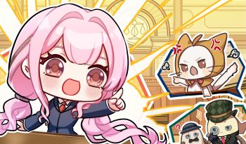 1girl :o ace_attorney ahoge anger_vein angry animal argyle_clothes argyle_hat black_bow black_bowtie black_gloves black_jacket black_ribbon blazer blue_hat blunt_bangs bow bowler_hat bowtie brown_eyes cat center_stage_leon_(infinity_nikki) chibi cloak closed_mouth clothed_animal collared_jacket collared_shirt commentary courtroom ear_covers emphasis_lines english_commentary eyelashes floating_hair gloves green_hat grey-framed_eyewear hair_intakes hair_ribbon hair_tie hand_on_own_face hand_on_table happy hat highres hood hood_up hooded_cloak indoors infinity_nikki jacket lapels layered_sleeves light_blush long_hair long_sleeves looking_ahead low_twintails momo_(nikki) monocle navel necktie nikki_(nikki) nikki_(series) notched_lapels open_mouth outline parody piecey pink_hair pointing pointing_up puff_of_air pun-rii red_bow red_bowtie red_necktie ribbon round_eyewear scarface_benny_(infinity_nikki) shirt smile sparkle speech_bubble spoken_character tail_raised tareme top_hat traditional_bowtie tress_ribbon twintails v-shaped_eyebrows very_long_hair wavy_hair white_cat white_outline white_shirt yellow_cloak