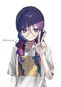 1girl blue_eyes blue_hair blush braid commentary_request fangs glasses headphones headphones_around_neck highres low_twin_braids multicolored_eyes multicolored_hair original purple_eyes purple_hair round_eyewear shade shirt solo soyaka streaked_hair sweatdrop t-shirt twin_braids twitter_username two-tone_eyes two-tone_hair v white_shirt