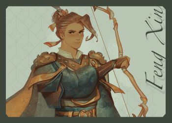 Rule 34 | 1boy, amonimy, archery shooting glove, armor, asymmetrical bangs, blush, border, bow (weapon), bracer, brown eyes, brown hair, cape, character name, chinese armor, chinese clothes, closed mouth, cropped, dark-skinned male, dark skin, earrings, feng xin, floral print, frown, gloves, green border, green hanfu, green robe, hair bun, hair ornament, hair ribbon, hanfu, highres, holding, holding weapon, jewelry, layered clothes, long hair, long sleeves, looking at viewer, male focus, orange cape, orange ribbon, partially fingerless gloves, puffy long sleeves, puffy sleeves, ribbon, ribboned xiao guan, robe, shirt, simple background, single hair bun, solo, tianguan cifu, upper body, weapon, white shirt, xiao guan (headdress)