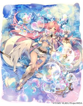 1girl :o aqua_eyes boots bubble copyright_notice feathered_wings heart index_fingers_together leg_wings long_hair mayusaki_yuu navel official_art pink_hair revealing_clothes solo tawil_(wixoss) thigh_boots wand white_boots white_wings wings wixoss
