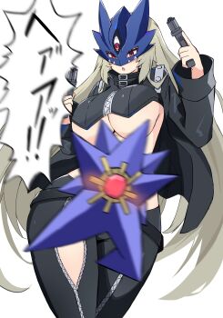 1girl absurdres bakeneko1212 beelstarmon black_coat black_pants black_vest blonde_hair blue_eyes breasts coat commentary_request cowboy_shot crossover digimon digimon_(creature) eye_mask gen_1_pokemon gun highres holding holding_gun holding_weapon large_breasts long_hair mask mega_starmie name_connection nintendo pants pokemon pokemon_(creature) purple_eyes starmie third_eye trigger_discipline underboob vest weapon