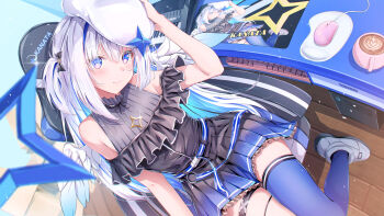 1girl absurdres amane_kanata amane_kanata_(work) angel angel_wings bare_shoulders belt beret black_bow black_dress black_shirt blouse blue_belt blue_dress blue_eyes blue_hair blue_wings blurry blurry_foreground bow chair character_name closed_mouth clothing_cutout coffee colored_inner_hair commentary computer computer_keyboard computer_mouse computer_tower cup daidai_(daidai826) depth_of_field desk disposable_cup dress eyes_visible_through_hair feathered_wings fisheye frilled_dress frills from_above gaming_chair glint gloves gradient_clothes gradient_dress gradient_wings grey_hair hair_between_eyes hair_bow hair_ornament halo hand_on_headwear hat head_tilt highres hololive indoors instrument jewelry keyboard_(instrument) long_hair looking_at_viewer mini_wings mousepad_(object) mug multicolored_dress multicolored_eyes multicolored_hair multicolored_wings necklace official_alternate_costume on_chair pink_eyes pleated_dress shirt shoulder_cutout sidelocks sitting sleeveless sleeveless_dress smile solo standing star_(symbol) star_halo star_necklace swivel_chair thigh_strap thighhighs thighs two_side_up virtual_youtuber white_background white_footwear white_hat white_wings wings wooden_floor
