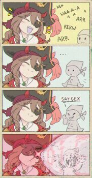 Rule 34 | ..., 1girl, 1other, :>, :d, ai-generated art (topic), alternate costume, alternate hairstyle, ash baby (meme), baby, bandana, blue background, border, braid, braided sidelock, brown hair, chromatic aberration, closed eyes, closed mouth, collared coat, collared shirt, demon horns, evil neuro-sama, eye beam, eyepatch, fang, frown, grin, hair between eyes, hair ornament, hand up, hat, hat feather, head tilt, headscarf, heart, heart eyepatch, highres, horns, laughing, long hair, mamiodapao, meme, motion lines, neuro-sama, open mouth, pink background, pirate costume, pirate hat, raised eyebrows, red bandana, screaming, shaded face, sharp teeth, shirt, shout lines, skin fang, skull hair ornament, smile, solid oval eyes, teeth, torn bandana, turtle shell, vedal ai, virtual youtuber, white shirt, yellow background, yellow border