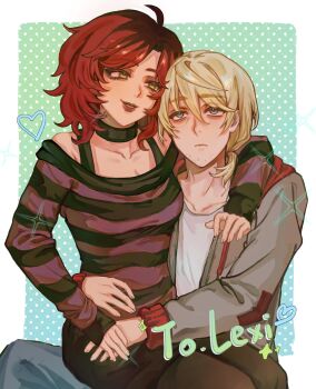 Rule 34 | 1boy, 1girl, arm around neck, bags under eyes, blonde hair, blue eyes, boyfriend to death, bra strap, collar, commentary, english commentary, feet out of frame, green eyes, grey jacket, grin, hand on another's waist, heads together, highres, holding hands, hood, hood down, jacket, lawrence oleander, looking at another, low ponytail, mwwsqqqq999, oc x canon, ponytail, red hair, red hood, shirt, short hair, sitting, sitting on lap, sitting on person, smile, striped clothes, striped sweater, sweater, white shirt