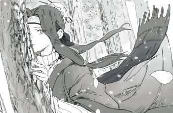 1boy against_tree androgynous behind_tree bun_cover closed_mouth commentary english_commentary forehead_protector forest greyscale haku_(naruto) highres inel-ens japanese_clothes kimono kirigakure_symbol long_hair long_sleeves monochrome naruto_(classic) naruto_(series) nature outdoors petals scarf sidelocks solo sweater trap tree wind