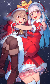 :d baby_animal bell bird black_pantyhose blue_hair blunt_bangs blush boots breasts breath brown_hair capelet carrying chick christmas commentary_request detached_sleeves dress fur-trimmed_dress fur_trim furen_e_lustario glint gloves hair_between_eyes hat highres kneehighs leather leather_boots lize_helesta long_hair looking_at_viewer medium_breasts merry_christmas mistletoe monocle monocle_chain multicolored_hair neck_bell nijisanji open_mouth pantyhose pink_nails princess_carry purple_eyes red_capelet red_dress red_eyes red_gloves santa_costume santa_dress santa_hat sebastian_piyodore smile snowing socks streaked_hair ubo_(ubo_tales) virtual_youtuber white_hair