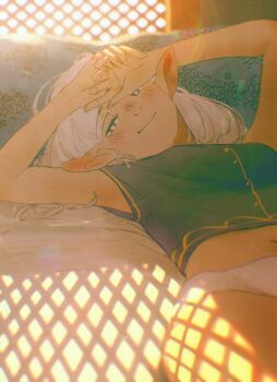 1girl absurdres asimov_(spindle_(aidenr0)) black_shirt blush bright_pupils closed_mouth commentary elf english_commentary grey_eyes hand_rest head_on_pillow highres looking_at_viewer lying medium_hair midriff navel on_back on_bed original pillow pointy_ears shirt short_sleeves skirt smile solo spindle_(aidenr0) sun_glare white_hair white_pupils window window_shadow yellow_skirt yellow_trim