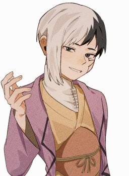 0a_9_(pixiv82791714) 1boy asagiri_gen asymmetrical_hair black_eyes black_hair dr._stone grin hand_up jacket japanese_clothes kimono long_sleeves looking_at_viewer male_focus multicolored_hair obi purple_jacket sash shirt short_hair smile solo split-color_hair two-tone_hair upper_body white_background white_hair white_shirt