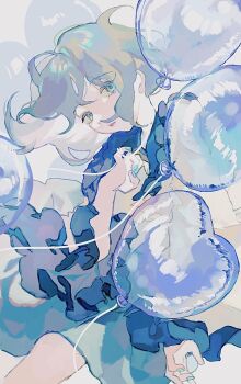 1girl balloon blue_nails blue_skirt commentary_request cowboy_shot fingernails frilled_shirt_collar frills grey_eyes grey_hair heart_balloon highres komeiji_koishi looking_at_viewer open_mouth shinjitsu_no_kuchi short_hair simple_background skirt smile solo touhou white_background