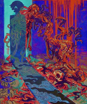 1boy ^_^ abstract alleesaur artist_name blood blood_on_wall blue_background body_horror closed_eyes colorful drop_shadow eldritch_abomination extra_eyes food highres meat open_mouth organs original ribs shadow skull surreal tears