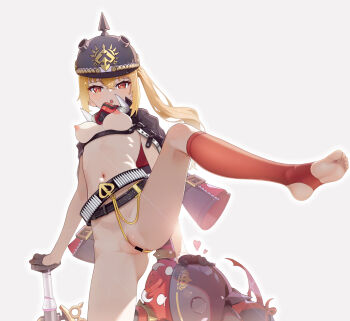 1girl arm_belt ass bar_censor baseball_bat belt black_gloves black_helmet black_jacket blonde_hair bottomless breasts censored combat_helmet cropped_jacket feet gloves hair_between_eyes half_gloves helmet highres horns jacket kirit leg_up long_hair long_sleeves looking_at_viewer loose_belt luciana_de_montefio mask mask_around_neck medium_breasts metal_baseball_bat naked_jacket navel nipples no_bra open_clothes open_jacket open_mouth perky_breasts pussy red_eyes red_thighhighs respirator shoes side_ponytail simple_background soles spread_legs standing standing_on_one_leg stirrup_legwear stomach thighhighs thighs toeless_legwear toes white_background wide_sleeves zenless_zone_zero