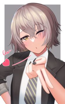 1girl 45sensei absurdres black_jacket black_nails black_necktie blush border collared_shirt commentary crossed_bangs diagonal-striped_clothes diagonal-striped_necktie english_commentary film_grain girls'_frontline girls'_frontline_2:_exilium grey_background grey_hair hair_between_eyes heart highres jacket leva_(girls'_frontline_2) looking_at_viewer medium_hair nail_polish necktie official_alternate_costume official_alternate_hairstyle one_eye_closed open_clothes open_jacket outside_border parted_lips pointing pointing_at_viewer scar scar_across_eye scar_on_face shirt sidelocks simple_background solo sound_effects striped_clothes textless_version twitter_username ump45_(girls'_frontline) upper_body white_border white_shirt yellow_necktie