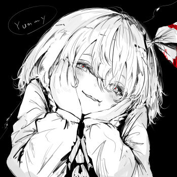 ascot black_background blush commentary_request drooling eneshi english_text hair_between_eyes hair_ribbon head_rest highres long_sleeves looking_at_viewer medium_hair monochrome mouth_drool parted_lips ribbon rumia shirt smile touhou upper_body vest white_shirt