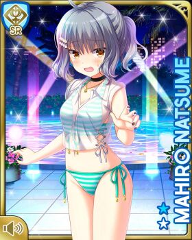 Rule 34 | 1girl, ahoge, bare arms, bare legs, barefoot, bikini, blue bikini, brown eyes, card (medium), girlfriend (kari), green bikini, natsume mahiro, night, official art, orange eyes, outdoors, pool, poolside, qp:flapper, see-through clothes, see-through shirt, shirt, short hair, silver hair, solo, striped bikini, striped clothes, surprised, swimsuit, tagme, wavy hair