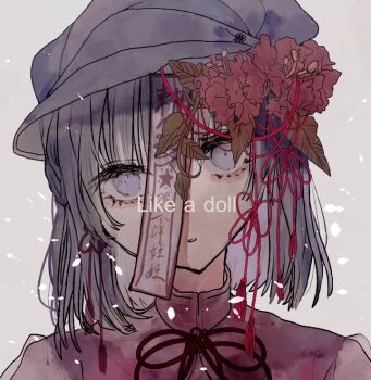 1girl commentary_request english_text expressionless flower grey_background grey_hair hair_flower hair_ornament hair_ribbon hat jiangshi looking_at_viewer miyako_yoshika neck_ribbon newsboy_cap ofuda one-hour_drawing_challenge purple_eyes purple_hat purple_shirt red_flower red_ribbon ribbon shinjitsu_no_kuchi shirt short_hair solo touhou upper_body