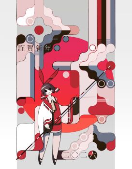 1girl 2026 abstract_background absurdres black_shoes bow brown_hair commentary_request full_body hair_bow hakurei_reimu happy_new_year harano_kaguyama highres holding holding_stick long_sleeves looking_at_viewer miniskirt new_year red_bow red_shirt red_skirt ribbon-trimmed_sleeves ribbon_trim shirt shoes skirt solo standing stick touhou white_sleeves wide_sleeves