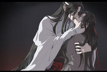 2boys bishounen black_background black_hair black_hanfu blood blood_from_mouth chinese_clothes closed_eyes coat crying crying_with_eyes_open grey_coat hair_down hair_ribbon half_updo hand_in_another's_hair hanfu headband highres hug imminent_kiss injury koma_hase lan_wangji letterboxed long_hair long_sleeves looking_at_another male_focus modao_zushi multiple_boys official_alternate_costume official_alternate_hairstyle open_clothes open_coat open_mouth parted_lips profile red_ribbon red_sash ribbon robe sash sitting sleeves_past_wrists tears twitter_username upper_body very_long_hair watermark wei_wuxian wei_wuxian_(yiling_laozu) white_hanfu white_headband wide_sleeves yaoi