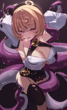 Rule 34 | 1girl, absurdres, armpits, arms behind back, black hair, black shorts, black thighhighs, breasts, cleavage, commentary, detached sleeves, high-waist shorts, highres, large breasts, looking at viewer, multicolored hair, purple eyes, seehyun1031, shirt, short hair, shorts, single thighhigh, solo, streaked hair, tentacle girl, tentacle tail, tentacles, thighhighs, thighs, two-tone hair, white shirt, yidhari murphy, zenless zone zero