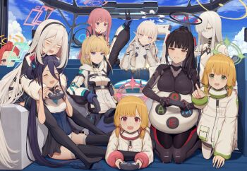 6+girls :i aris_(armed)_(blue_archive) aris_(blue_archive) black_bodysuit black_hairband black_halo black_thighhighs blue_archive blue_gloves blush bodysuit breast_rest breasts bright_pupils carried_breast_rest carrying closed_eyes coffee_mug commentary controller couch cup drinking_glass eimi_(armed)_(blue_archive) eimi_(blue_archive) game_controller gloves green_halo grey_hair hairband half_updo halo himari_(armed)_(blue_archive) himari_(blue_archive) holding holding_controller holding_cup holding_game_controller hugging_object indoors jacket kei_(blue_archive) kei_(student)_(blue_archive) large_breasts leotard light_frown long_hair low-tied_sidelocks malkuth_(blue_archive) midori_(armed)_(blue_archive) midori_(blue_archive) momoi_(armed)_(blue_archive) momoi_(blue_archive) mug multiple_girls no_shoes open_mouth pantyhose piisu pillow pillow_hug pink_halo playing_games pointing pointing_at_viewer pointy_ears ponytail powered_wheelchair red_hair rio_(armed)_(blue_archive) rio_(blue_archive) sidelocks sitting smile thighhighs toki_(armed)_(blue_archive) toki_(blue_archive) untranslatable_commentary v-shaped_eyebrows vaginal wheelchair white_jacket white_leotard white_pantyhose white_pupils yellow_halo yuzu_(blue_archive)