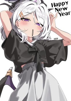 1girl absurdres adjusting_hair alternate_costume black_halo black_horns blue_archive blush commentary_request hair_ornament hairclip halo happy_new_year highres hina_(blue_archive) horns korean_clothes korean_commentary looking_at_viewer mouth_hold new_year purple_eyes rirua_(kjom802) simple_background single_wing skirt solo white_background white_hair white_skirt wings