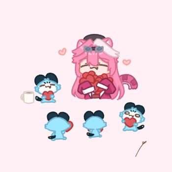 1girl :3 =_= ^_^ animal_ears beret chattino_(raora_panthera) closed_eyes commentary cup english_commentary fang hair_intakes hat heart hololive hololive_english long_hair mug multicolored_hair panther_ears panther_girl panther_tail pink_hair raora_panthera raora_panthera_(1st_costume) sappysque sleeves_past_wrists streaked_hair tail virtual_youtuber white_hair