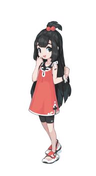 1girl 2023 absurdres black_eyes black_hair chinese_commentary commentary competition_swimsuit dress english_commentary finger_to_mouth furry furry_female hair_ornament hairband highres krita_(medium) long_hair looking_at_viewer mingzhu_the_spirit_shark_(human_form) one-piece_swimsuit open_mouth original raised_inner_eyebrows red_dress sandals short_dress signature simple_background smile spirit_animals_in_disguise sports_sandals standing straight_hair swimsuit swimsuit_under_clothes tareme teeth tyson_tan wristband