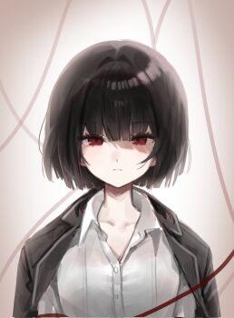 1girl black_hair blunt_bangs blunt_ends bob_cut collarbone collared_shirt corrupted_twitter_file expressionless hair_intakes hashtag-only_commentary highres jacket jacket_on_shoulders limbus_company looking_at_viewer portrait project_moon red_eyes red_ribbon ribbon ryoshu_(project_moon) shirt short_hair simple_background solo straight-on white_background white_shirt yuchan_00001