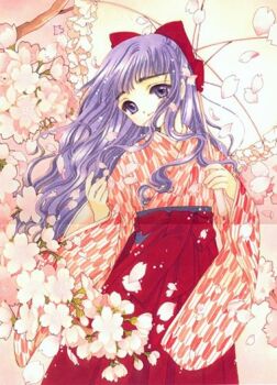 1990s_(style) 1girl arrow_print bow cardcaptor_sakura cherry_blossoms child clamp daidouji_tomoyo dress female_focus flower hair_bow hair_ribbon hakama hakama_skirt holding holding_umbrella japanese_clothes kimono long_hair matching_hair/eyes meiji_schoolgirl_uniform official_art parasol petals print_kimono purple_eyes purple_hair red_dress red_hakama red_ribbon retro_artstyle ribbon scan scan_artifacts skirt solo umbrella wavy_hair yagasuri