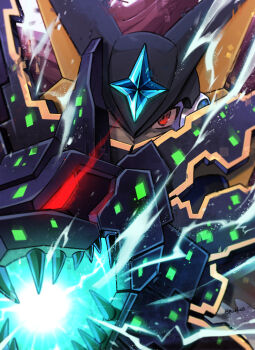 1boy arm_cannon bass.exe_(mega_man) black_helmet commentary_request electricity firing helmet light_particles looking_at_viewer male_focus mega_man_(series) mega_man_battle_network_(series) one_eye_closed pechka red_eyes science_fiction solo twitter_username upper_body weapon