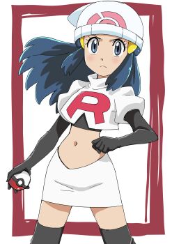 1girl absurdres beanie black_gloves black_thighhighs blue_eyes blue_hair cosplay crop_top dawn_(pokemon) elbow_gloves gloves hainchu hat highres jessie_(pokemon) jessie_(pokemon)_(cosplay) long_hair midriff miniskirt narrow_waist navel nintendo pokemon pokemon_(anime) pokemon_dppt_(anime) sketch skirt solo team_rocket team_rocket_uniform thighhighs white_crop_top white_hat white_skirt