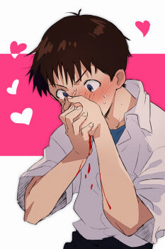 Rule 34 | 11kkr, 1boy, black pants, blood, blue eyes, blue shirt, blush, brown hair, collared shirt, commentary request, heart, ikari shinji, male focus, neon genesis evangelion, nosebleed, pants, shirt, shirt tucked in, short hair, short sleeves, simple background, solo, undershirt, white background, white shirt